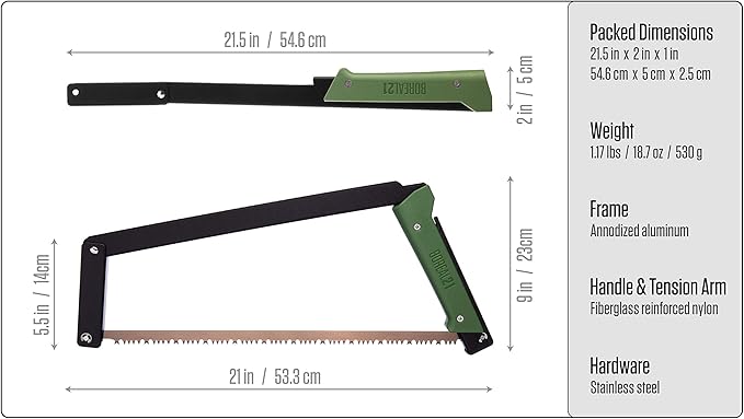 AGAWA - BOREAL21 Backwoods Kit - 21 Inch Folding Bow Saw, 21" Premium Leather Sheath, Additional 21" Aggressive Blade (Black Frame - Green Handle)