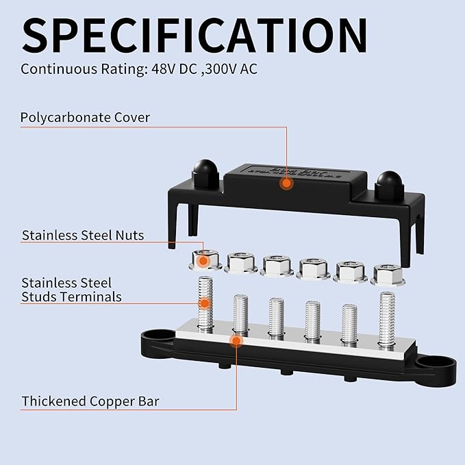 275A Bus Bar 12V Power Distribution Block Car Audio Busbar 6 x 5/16" (M8) Terminal Stud Positive & Ground Battery Bus Bar