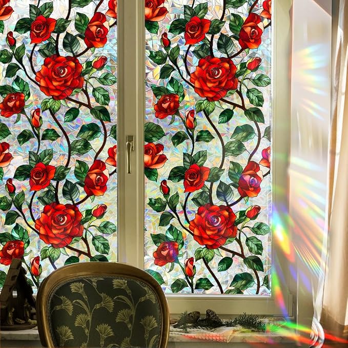 Bloss Rose Stained Glass Windows Film, 29.5x78.7inch 3D Flower Privacy Window - Image 9