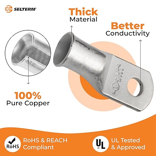 SELTERM 2pcs 1 AWG 1/4" Stud Tinned Copper Wire Lugs, Battery Cable Ends, Ring Terminals, 1 Gauge Terminal Connectors, UL Marine Grade Electrical Connectors