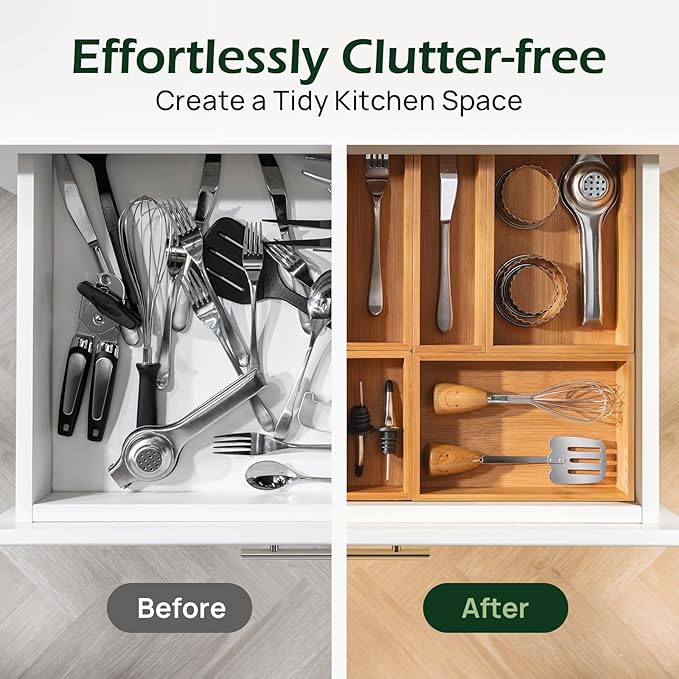 6-Piece Bamboo Drawer Organizer Set, 2.2" Deep | Multi-Use Organizers for Utensils, Silverware, Cutlery, Desk, Bathroom, Junk Drawer & Makeup, Non-Slip Feet Included.