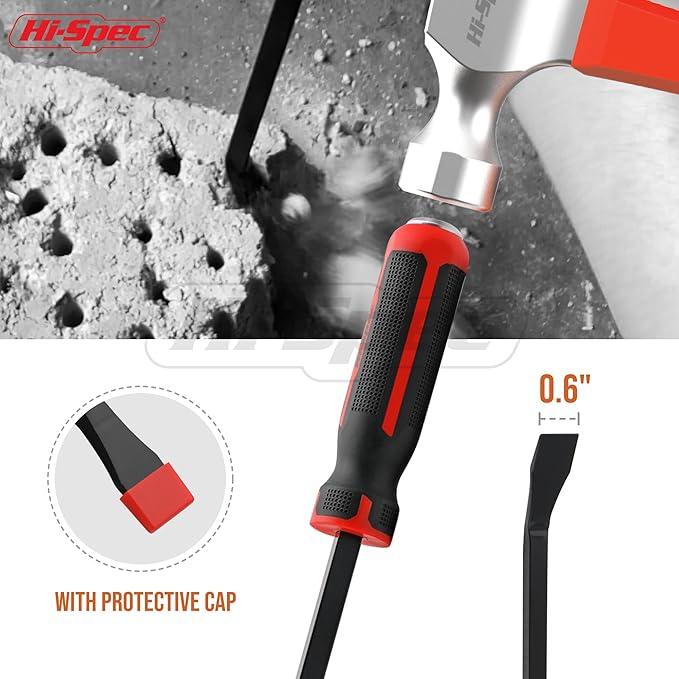 Hi-Spec 1pc Carbon Steel Pry Bar Set - 12" (1ft) / 0.3m" Size with Heavy Duty Striking Cap. Ergonomic Comfort Hold Handles for Home & Garage DIY Jobs