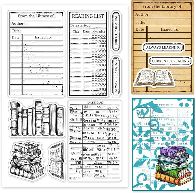 GLOBLELAND Books Clear Stamps Library Card Silicone Clear Stamp Reading List by GLOBLELAND