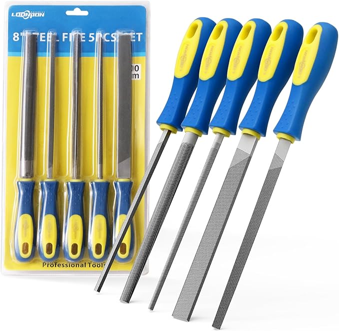 YKLP Needle File Set (Carbon Steel 5 PCS) Hardened Alloy Strength Steel - Set Includes Flat, Square, Triangular, Round, and Half-Round File(8'' Total Length)
