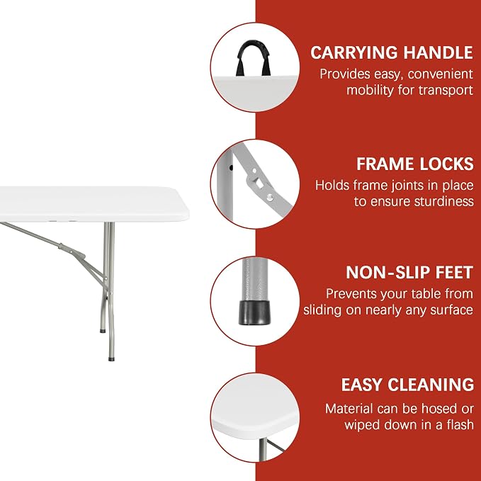 Elevon Folding Table, 8 Feet Heavy Duty Fold-in-Half Utility Table Indoor - Image 3