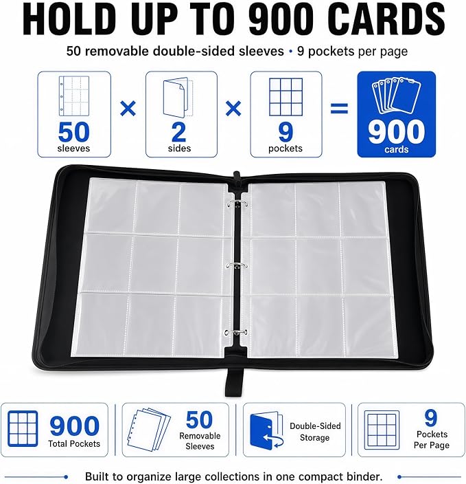 9 Pocket Card Binder with 50 Removable Sleeves, Holds 900 Cards | 3 Ring Zipper - Image 7