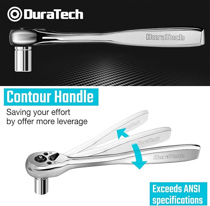 DURATECH 3/8-Inch Drive Ratchet, 90-Tooth Ratchet Wrench, Quick-release, Reversible Switch, Contour Handle Designed for Better Grip, Alloy Steel