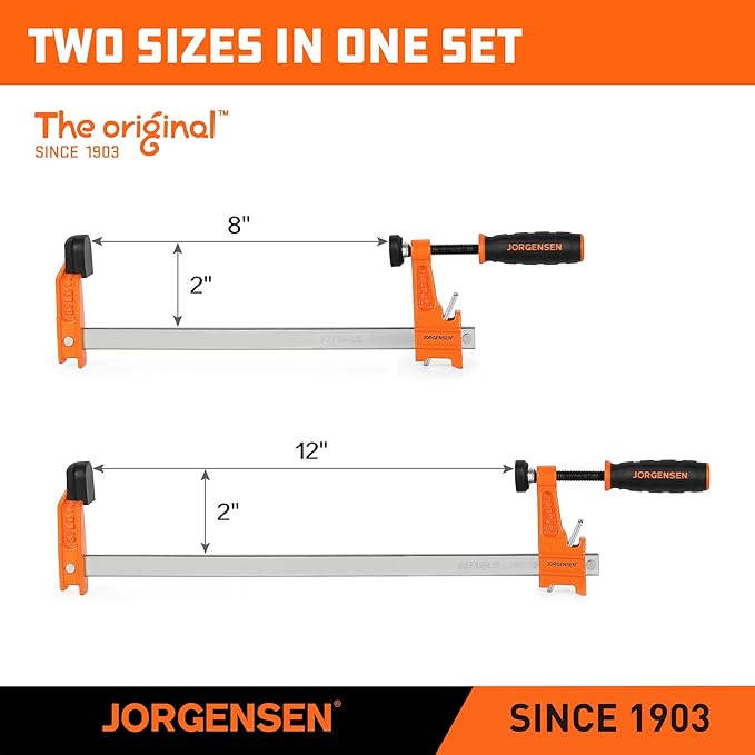 Jorgensen 2-Piece Steel Bar Clamp Set, Light Duty F-Clamp, 8-inch & 12-inch