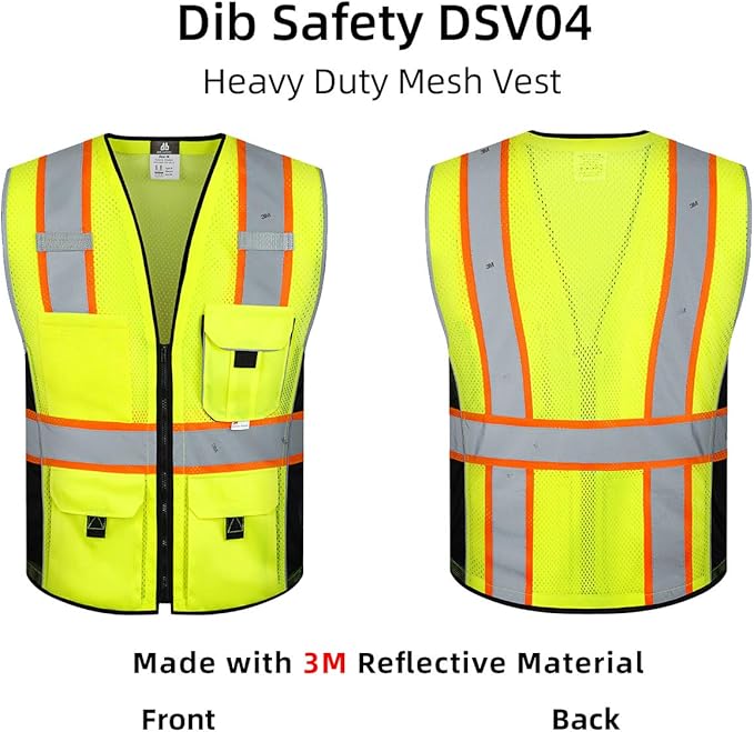 Dib Safety Vest Reflective Yellow Mesh, High Visibility Vest with Pockets and Zipper, ANSI Class 2 Heavy Duty, Made with 3M Reflective Tape XL