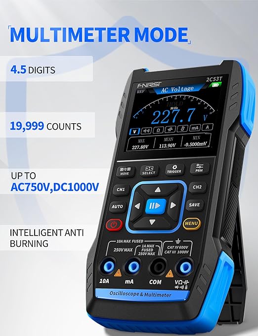 FNIRSI 2C53T Upgraded Handheld Oscilloscope, 50MHz Bandwidth, 3IN1 Digital Oscilloscope Multimeter DDS Generator, 250MS/s Sampling Rate, 19999 Counts, Voltage, Current, Capacitor, Resistor, Diode Test