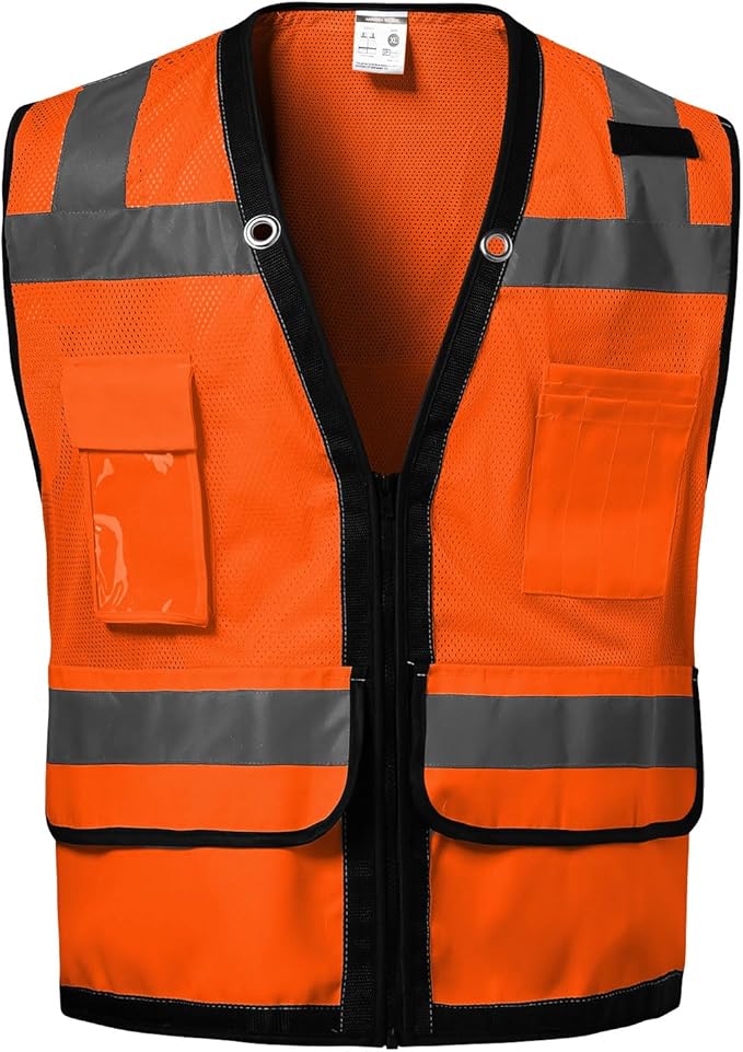 Reflective Safety Vest With Back Plan Pocket - High Visibility Class 2 Heavy Duty Surveyor With Zipper - ANSI/ISEA Standard Construction Work for Men & Women (Orange, 3XL)
