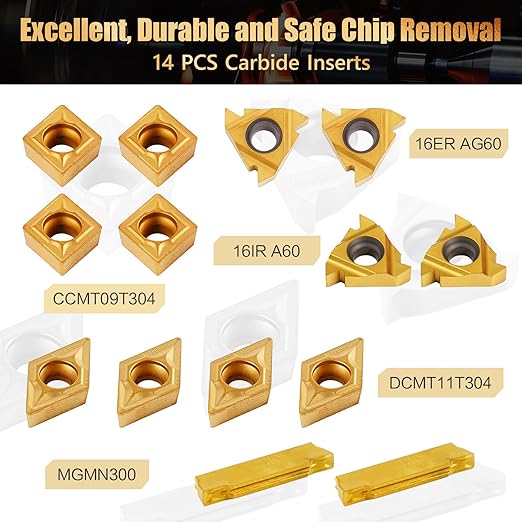 Indexable Lathe Turning Tool 21Pcs Kit 5/8" (16mm) Shank, Includes 7Pcs Metal Lathe Tool Holders and 14Pcs Carbide Inserts for Turning Boring Grooving Cutting Threading Carbide Turning Tool