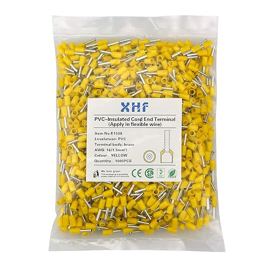 XHF 1000 PCS AWG 16/1.5mm² Wire Ferrules Insulated Copper Crimp Connectors, Crimp Pin Cord End Terminals Yellow