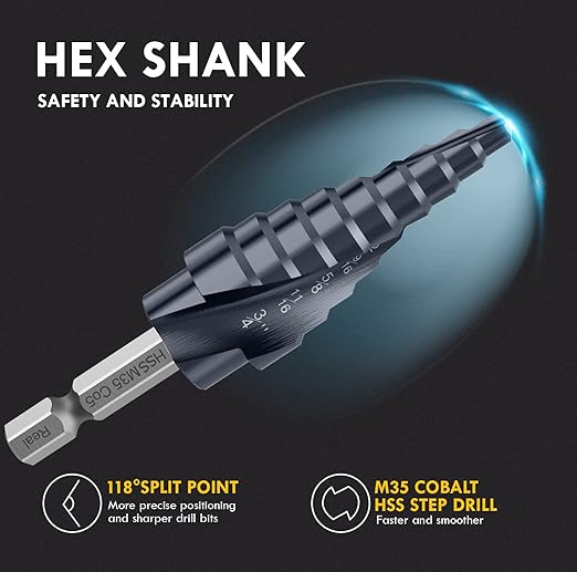 Upgrade M35 Cobalt Step Drill Bit with Ultra TiAIN Coating, 1/4"-3/4" Unibit Step Bit with Double Sprial Flute, 1/4" Hex Shank Drill Bit for Metal, Stainless Steel, Aluminum, Copper, Wood