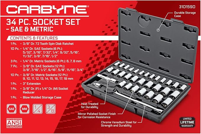 CARBYNE 1/4" & 3/8" Drive Socket & Ratchet Set - 34 Piece | SAE & Metric. Includes Metric 6 to 18mm, SAE 5/32" to 3/4". 6 & 12 Point. Cr-V Steel • From a Family-Run Tool Company Based in the U.S.A.