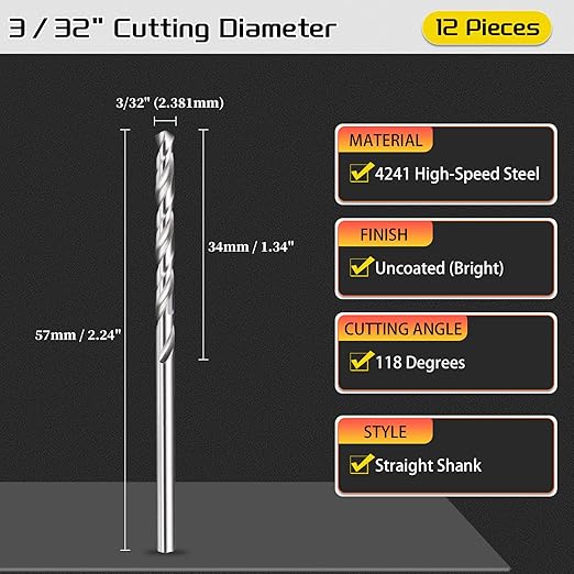 Drill Bit, 3/32" Cutting Diameter, 4241 HSS 118° Cutting Angle Uncoated Bright Versatile Jobber Bits - (Applications: for Drilling Plastic Wood Soft Metal), 12-Pieces