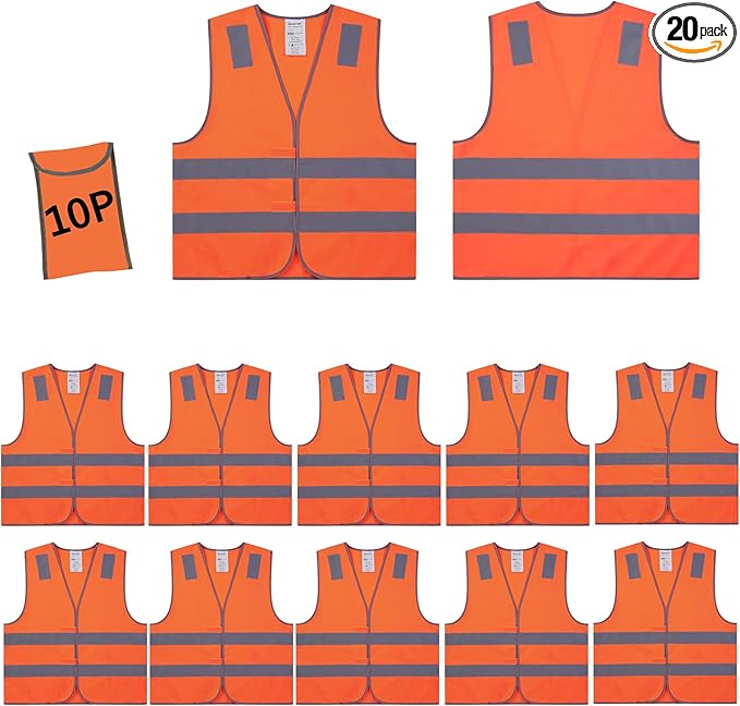 Safety Vests 20 Pack - Orange Reflective High Visibility Construction ANSI Class 2 Work Vests for Men,Woman,Hi Vis Mesh and Neon Silver Strip