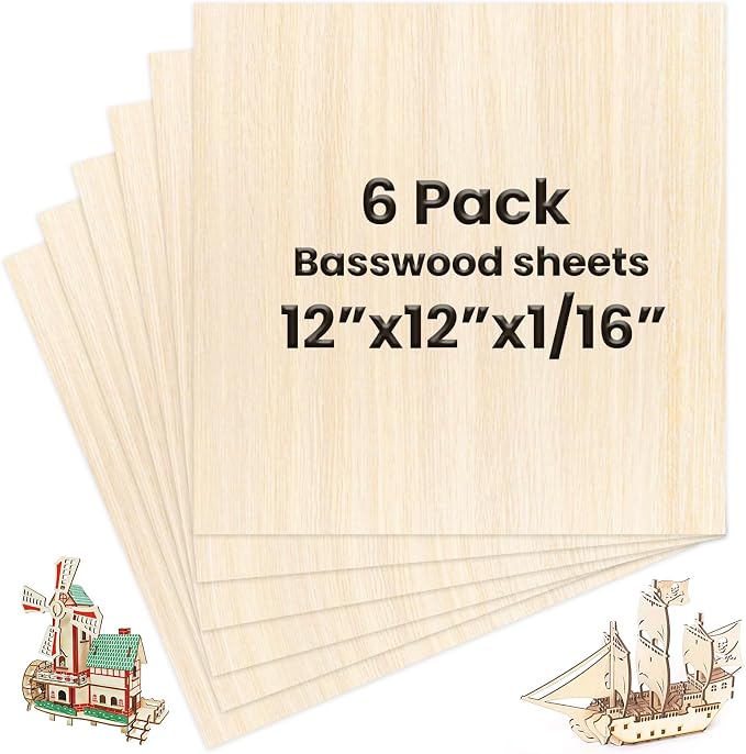 DIYDEC 6 Pack Basswood Sheets 12 x 12 x 1/16 Inch Thin Wooden Sheet Unfinished by DIYDEC
