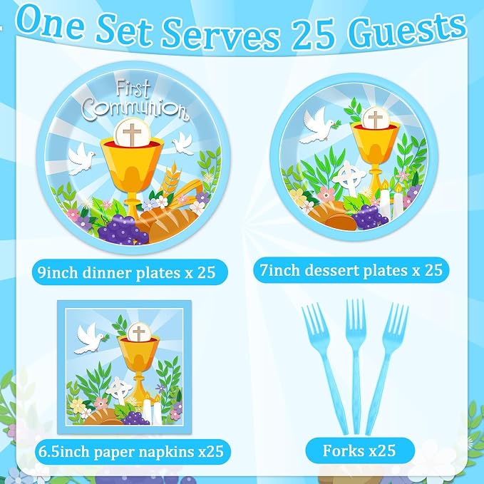 Qyeahkj 100 Pcs Baptism Plates and Napkins, First Holy Communion Party Blue - Image 2