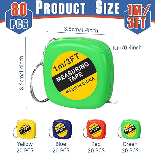 Macarrie 80 Pcs Small Tape Measure Keychains 3 ft/ 1 m Mini Retractable Measuring Tape Bulk with Slide Lock Construction Party Favors for School Prize Bag Filler DIY Projects Office Home Use, 4 Colors