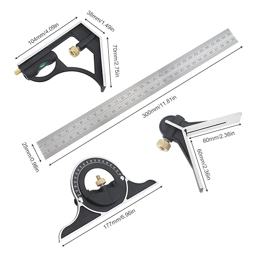 ChgImposs 12" Adjustable Sliding Combination Square Ruler & Protractor Level Measure Measuring Set, Inch/Metric