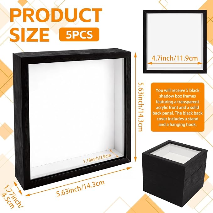 VOKOY 5 Pack 5" x 5" Shadow Box Frame, Small Wood Black Hollow Photo Frame - Image 2