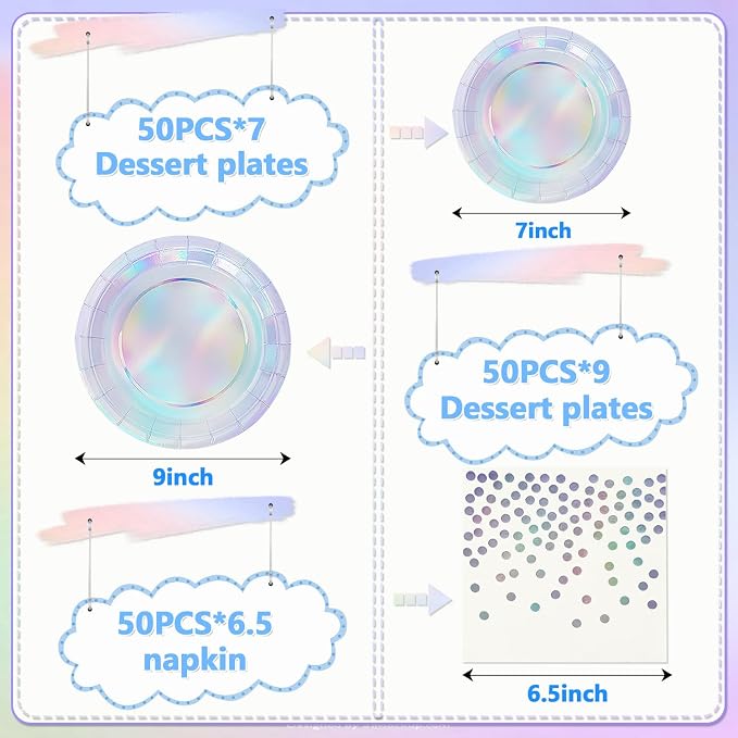 150 PCS Iridescent Party Supplies, Holographic Disposable Paper Plates Napkins - Image 2