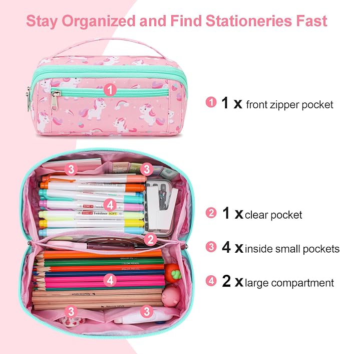 Large Pencil Case for Girls, Aesthetic Kids Pencil Pouch for School, Wide - Image 4