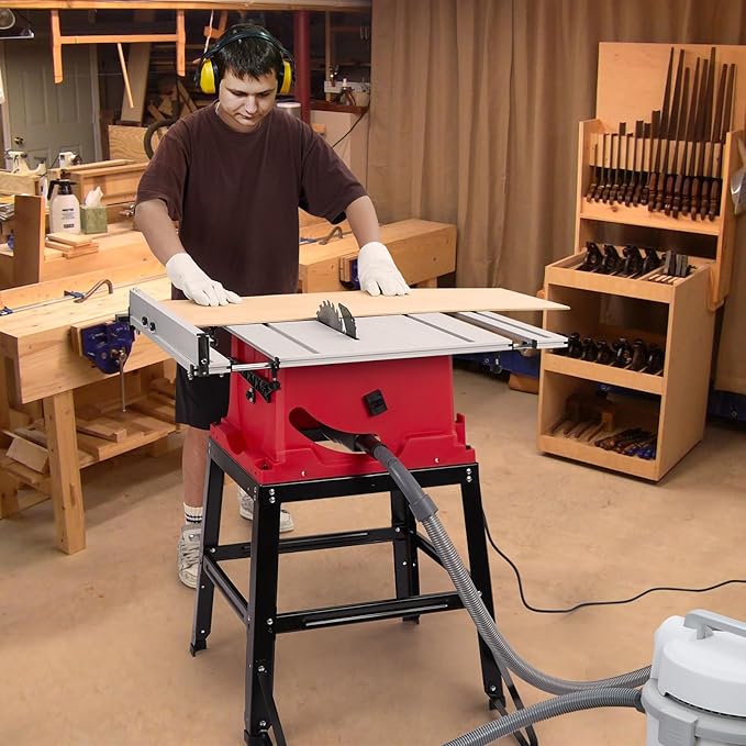 Table Saw, 10 Inch 15A Multifunctional Jobside Table Saw with Stand & Push Stick, 90° Cross Cut & 0-45° Bevel Cut, 5000RPM, Adjustable Blade Height for Woodworking