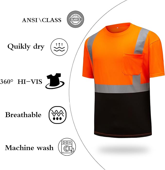 High Visibility Shirts Quick Dry Safety T Shirts with Reflective Strips and Pocket Short Sleeve Mesh Hi Vis Construction Work Class 2 Shirt for Men/Women Black Bottom Orange,5XL