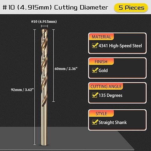 Drill Bit, #10 Cutting Diameter, 4341 HSS Gold Finish 135° Cutting Angle Number Jobber Bits - (Applications: for Drilling Soft Metal Plastic Wood), 5-Pieces
