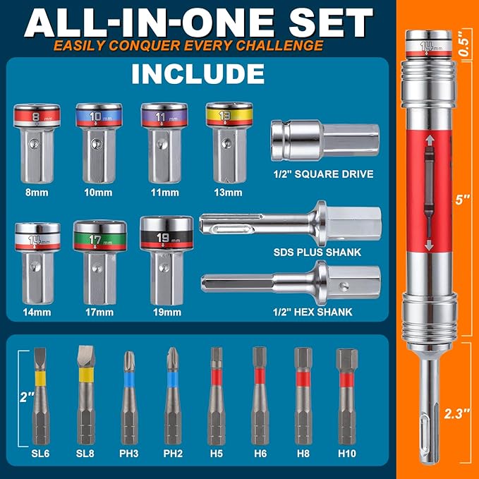 19-in-1 Impact Socket Set | 8 Magnetic Screwdriver Bits & 7 Drive Impact Sockets for Drill/Hammer Drill/impact wrench