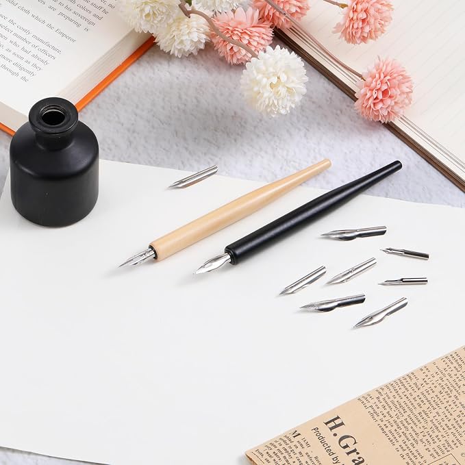 salbsever 12PCS Dip Pen Nibs, Dip Pen Set, 2 Wooden PenHolders and 10 Stainless - Image 6