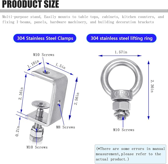 C Clamp – 304 Stainless Steel Beam Clamps with M10 Screw Ring | Adjustable, Rust-Resistant I Beam Clamps for Ring Beams, Welding, Woodworking, Plants & Desk Use. Wide Jaw Openings (55MM)2-Pack