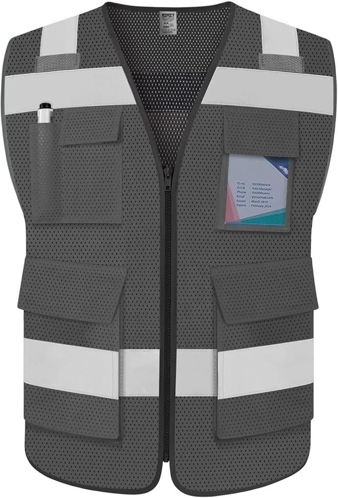 TCCFCCT Mesh Reflective Safety Vest with 5 Pockets High Visibility Vest for Men Women, Work Vest with Horizontal Strip for Walkie-talkie and ID Card, Meets ANSI/ISEA Standards, Grey, 4XL
