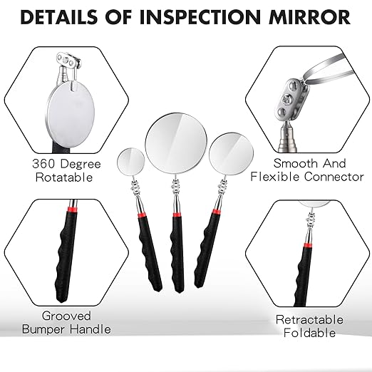 3 Pieces Telescoping Inspection Mirror Stainless Steel Extendable Mechanic Mirror with Long Handle Tool for Technicians Mechanics Contractors Eyelashes Mouth and Other Small Parts(Black)