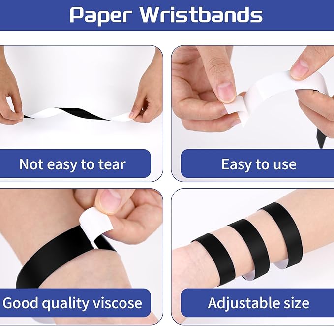 2000 Pcs Paper Wristbands for Events Waterproof Neon Black Wrist Bands Adhesive Concert Identification Wristbands Hand Bands for Events(Black)