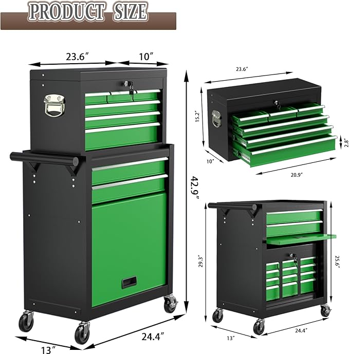 8 Drawer Tools Chest,42.9 inch Tool Cabinet with Universal Lockable Wheels，Organizable Tool Box with Detachable Top Box for Workshop，Blackgreen