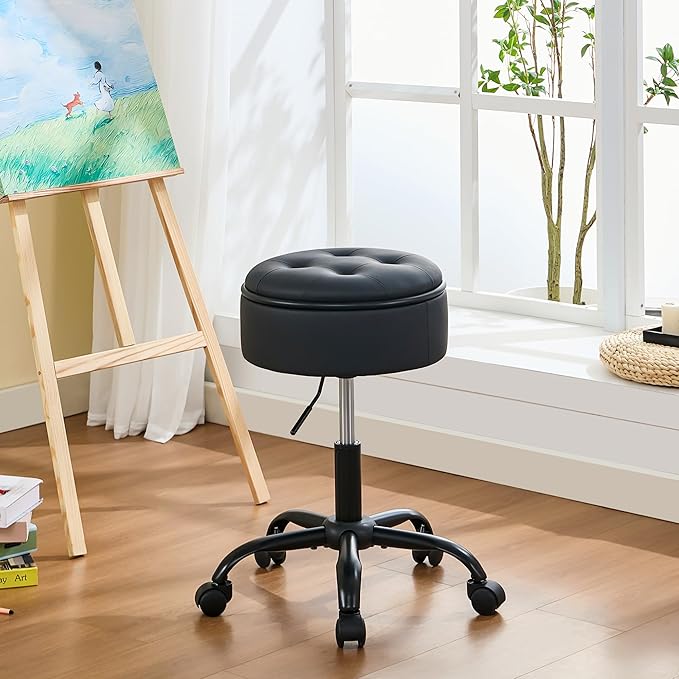 Drafting Chair with Storage, Adjustable Leather Drafting Stool 20.67"-24.61", Black Rolling Office Stool