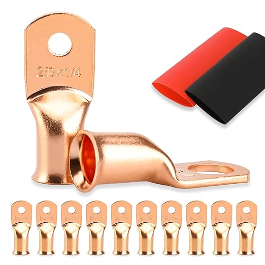 4PCS Battery Cable Ends, 2/0 Gauge Wire Connectors 1/4 Copper Wire Lugs, Bare Copper Eyelets with Heat Shrink Tubing by HOUSUN