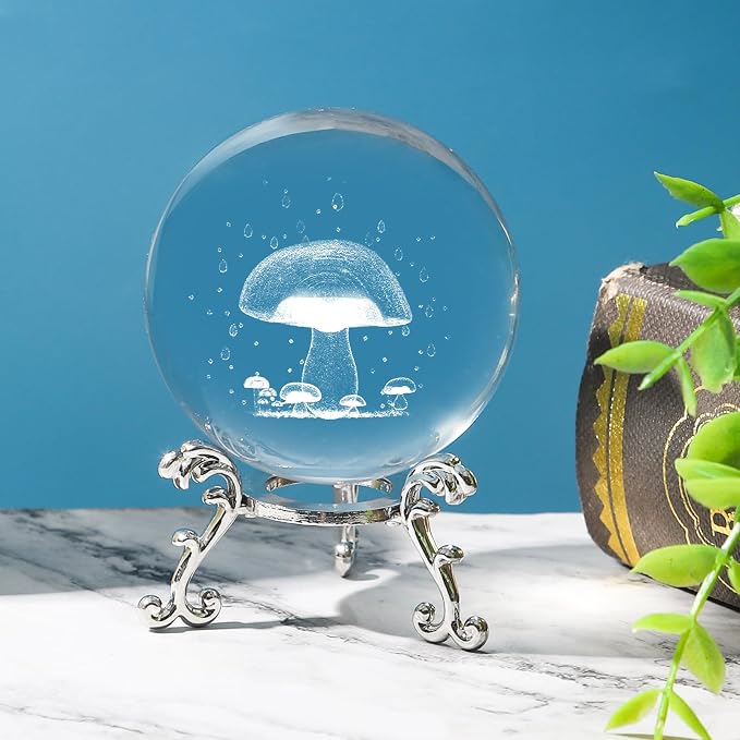 3D Mushroom Crystal Ball with Stand Lase Engraved Glass Sphere Paperweight - Image 6