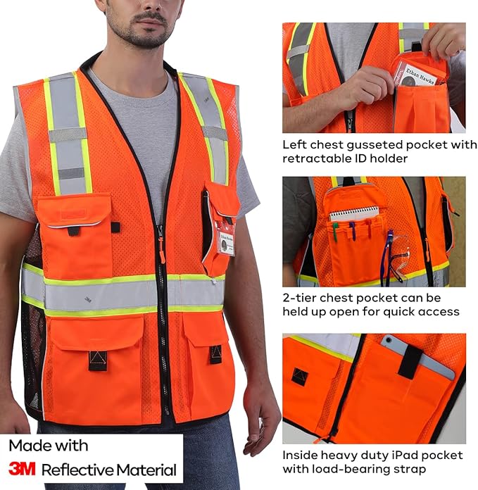 Neopelta Reflective Safety Vest Orange Mesh, Made with 3M Reflective Tape, Heavy Duty Vest with ID pocket, Padded Neck, Orange M