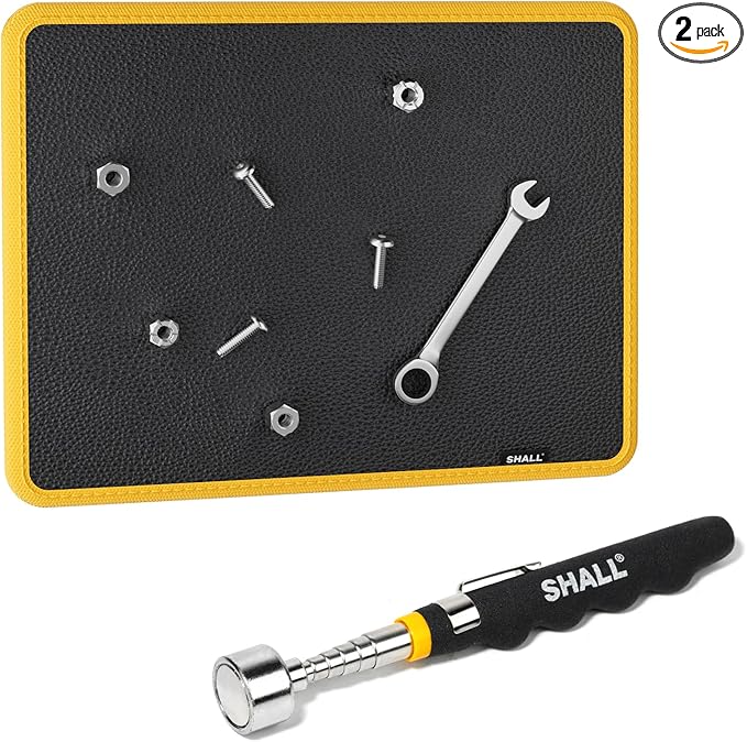 SHALL Magnetic Tool Parts Mat and Telescoping Magnetic Pickup Tool, Flexible Magnetic Tool Holder Pad W/ 83 Built-In-Magnets & 25LBS Pull Force Extendable Magnet Hold Mechanic Wrenches Screws Bolts