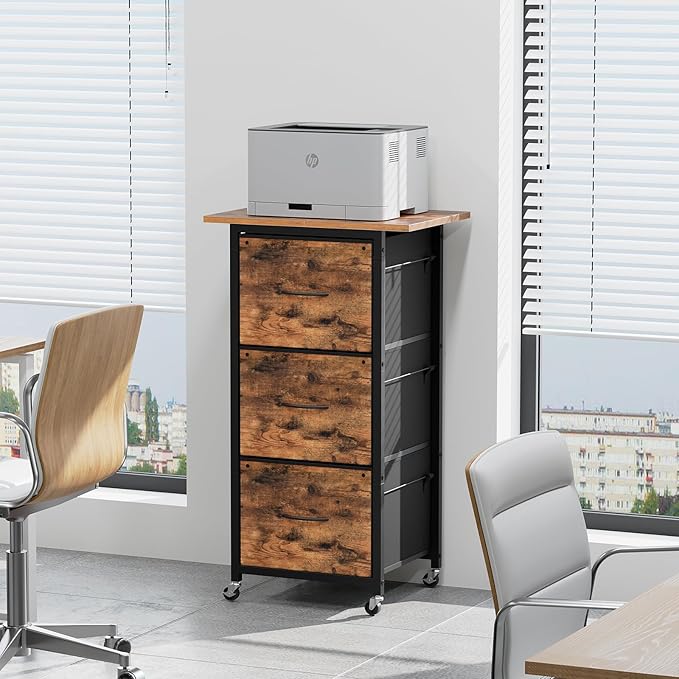 3 Drawer File Cabinet, Vertical Filing Cabinet with Wheels, Printer Stand with File Cabinet, Adjustable Hanging Rods, fits A4/Letter Size, for Home Office, Rustic Brown and Black FCHR5901