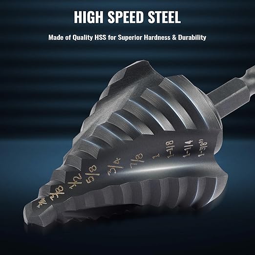 ZELCAN Step Drill Bit Set, 5PCS Four Spiral Flute Step Bits for Metal, 50 Sizes Titanium-Coated HSS Drill Bits with 1/4" Hex Shank for Stainless Steel Aluminum Wood Plastic