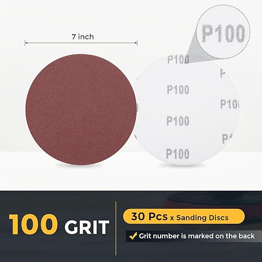 HARFINGTON 30 Pcs 7 Inch Sanding Disc 100 Grit Hook and Loop Sandpaper Random Orbital Sander Pads for Woodworking Automotive Metal Polishing
