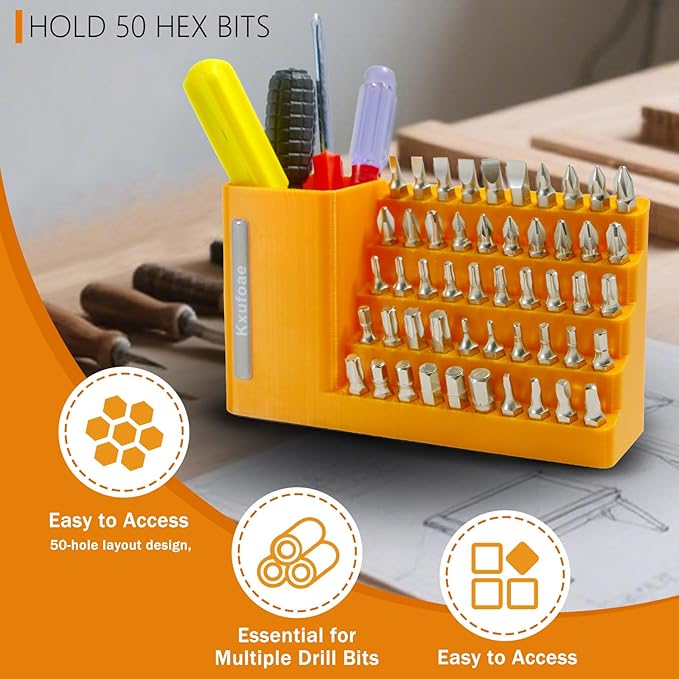 50-Slot Bit Organizer for Impact and Screwdriver Bits, Hex Key Holder 1/4"/6.35mm Shaft Compatibility, Wall and Workbench Mountable, Ideal for Garage and Workshop.