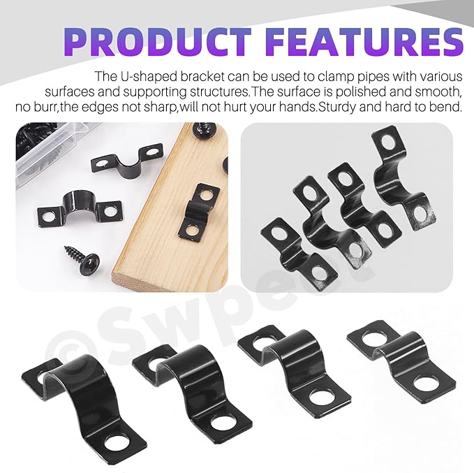 Swpeet 25Pcs 5mm Two Hole U Bracket Clamp with 50Pcs Self-tapping Screws Kit, U-Clamps, Metal Pipe Clamps, Pipe Strap Clamps, Conduit Clamps, Tension Clips for Fixing Pipe or Cable