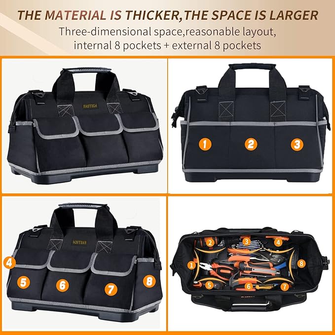 20-inch Wide Mouth Tool Bag with Water Proof Molded Base, Waterproof Tool Organizer Bag for Men with Adjustable Shoulder Strap (20INCH)