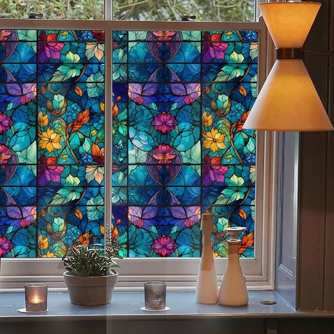 Purple Blue Pink Flower Leaf Stained Glass Window Films Decorative Double-Side - Image 2